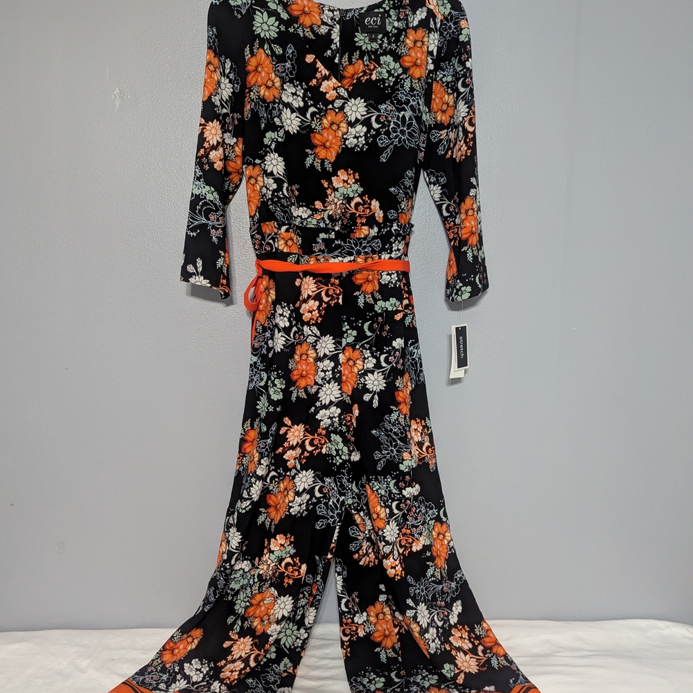 ECI Black and Orange Floral Jumpsuit with V-Neck